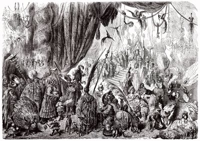 Sindbad the sailor (Sinbad) - tarina tuhannesta ja yhdestä (1001) yöstä - Gustave Doren kuvitus - Maxwellin painos 1865 - Kuudes matka: Serendibin kuninkaan hovi tekijältä Gustave Dore