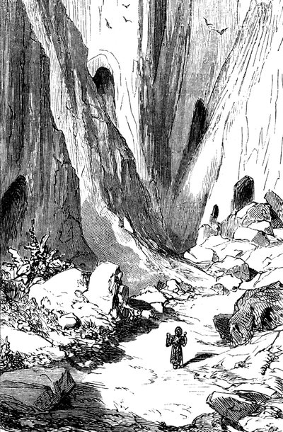 Sindbad the sailor (Sinbad) - tarina tuhannesta ja yhdestä (1001) yöstä - Gustave Doren kuvitus - painos Maxwell 1865 - Toinen matka: Sindbad löytää laakson, jossa on timantteja, mutta jossa on valitettavasti jättiläiskäärmeitä. Hän ottaa refu tekijältä Gustave Dore