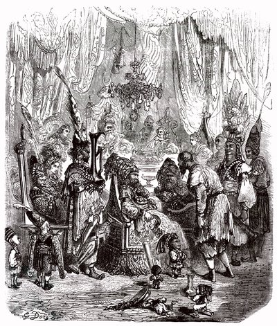 Sindbad the sailor (Sindbad) - tarina tuhannesta ja yhdestä (1001) yöstä - Gustave Doren kuvitus - Maxwellin painos 1865 - Prologi: köyhä kantaja (Hinbad) ilmestyy Sindbadin eteen, joka on tullut vanhaksi ja rikkaaksi. Jälkimmäinen kertoo seikkailustaan tekijältä Gustave Dore