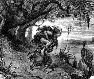 Sindbad the sailor (Sinbad) - tarina tuhannesta ja yhdestä yöstä (1001) - Gustave Doren kuvitus (yksityiskohta) - painos Maxwell 1865 - Viides matka: Sindbad joutuu kantamaan olkapäällään vanhaa miestä, joka takertuu häneen ja josta hän ei voi enää irrotta tekijältä Gustave Dore