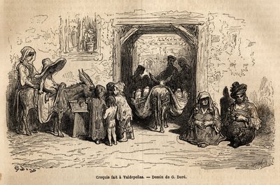 Suorassa lähetyksessä otettu sketsi: kerjäläiset Valpadenasissa (Channel). Gustave Doren (1832-1883) kuvittaja ja Baron Ch. Davillier-reaktori, vuonna 1862, julkaistiin "Le tour du monde, nouveau journal des voyages" -lehdessä tekijältä Gustave Dore