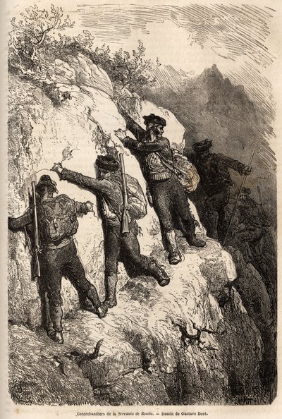 Salakuljettajat Serrania de Rondasta. Gustave Doren (1832-1883) piirros havainnollistaa hänen matkaansa Espanjaan vuonna 1862 Ch. Davillier. Kaiverrus kirjassa "" Le tour du monde", toimittanut Edouard Charton tekijältä Gustave Dore