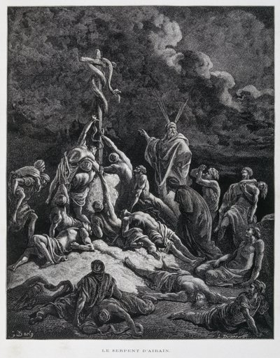 Niin Mooses teki pronssisen käärmeen ja pystytti sen pylvääseen. 4. Mooseksen kirja 21:7, kuvitus Dore Bible -kirjasta. tekijältä Gustave Dore