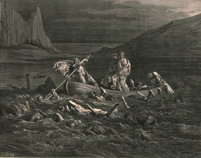 Pian kun molemmat nousevat alukseen leikkaaen aaltoja, c1890. tekijältä Gustave Dore