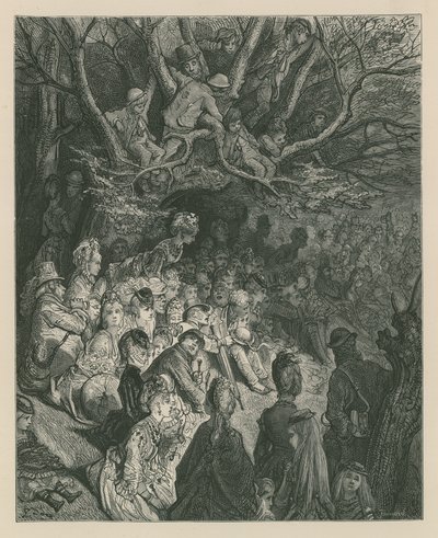 Katsojat katsomassa venekilpailua joen rannalta tekijältä Gustave Dore