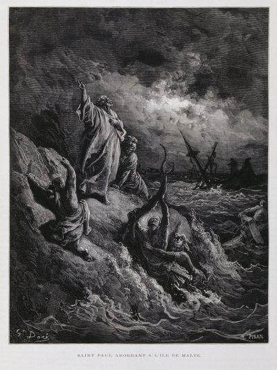 Pyhän Paavalin maihinnousu Maltalla, kuvitus Doren Raamatusta. tekijältä Gustave Dore