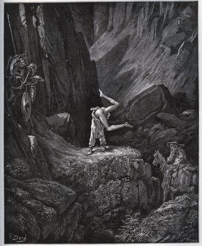 Don Quijoten akrobaattinen katumus Sierra Morenassa - Miguel Cervantesin (1547-1616) "Don Quijote de la Mancha" (Don Quijote) - Puupiirros Gustave Doren piirtämänä tekijältä Gustave Dore