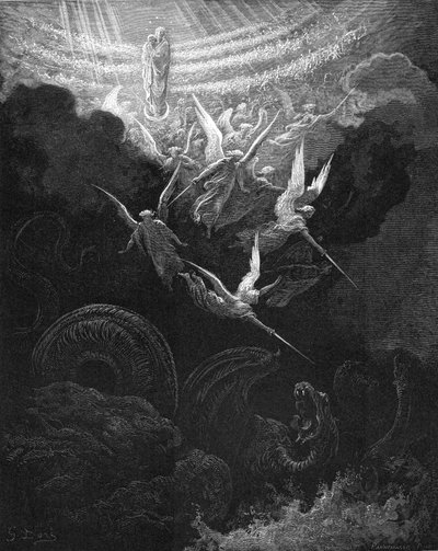 Arkkienkeli Mikael ja hänen enkelinsä taistelevat lohikäärmettä vastaan, 1865-1866 tekijältä Gustave Dore
