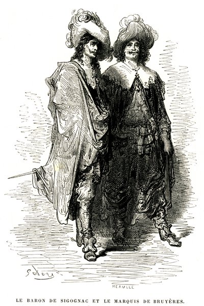 Paroni de Sigognac ja markiisi de Bruyeres. Gustave Doren kaiverrus, joka kuvittaa Theophile Gautier
