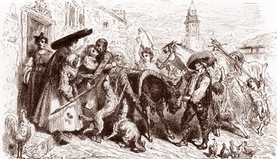 O Quixote Maltratado chega em casa Gravura de Gustave Dore (1832-1883) para “L