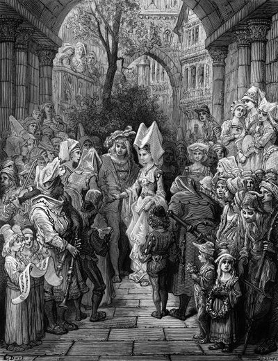 Morsian ja sulhanen astumassa saliin, kohtaus S.T.n elokuvasta The Rime of the Ancient Mariner Coleridge, julkaisija Harper und Brothers, New York, 1876 (puukaiverrus) tekijältä Gustave Dore