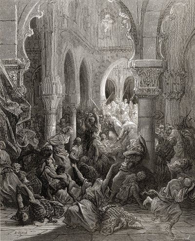 Ristiretkeläiset verilöylyttävät Kesarean asukkaita, kuva J-F. Michaud, 1877 tekijältä Gustave Dore