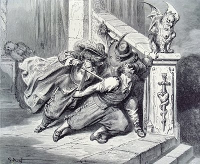 Siniparran kuolema, kuvitus Charles Perraultin (1628-1703) teokseen Bluebeard 1893 tekijältä Gustave Dore
