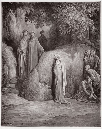 Jumalallinen komedia (La Divina Comedia, La Divine Comedie), Purgatorio, Canto 23: Dante tunnistaa Foresen varjon ahmattisista - Dante Alighieri (1265-1321) - Kuvitus Gustave Doresta (1832-1883) tekijältä Gustave Dore