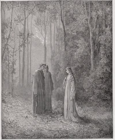 Jumalallinen komedia (La Divina Comedia, La Divine Comedie), Purgatorio, Canto 5: Dante puhuu Pia de Tolomein (Tolommei) kanssa - Dante Alighieri (1265-1321) - Kuvitus Gustave Dore (1832-1883) tekijältä Gustave Dore