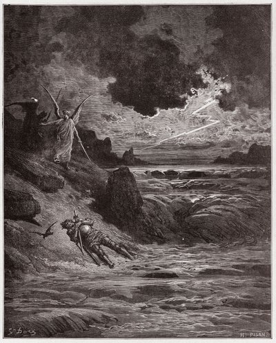 Jumalallinen komedia (La Divina Comedia, La Divine Comedie), Purgatorio, Canto 5: Buonconte da Montefeltron ruumis Arnossa - Dante Alighieri (1265-1321) - Kuvitus Gustave Doresta (1832-1883) tekijältä Gustave Dore