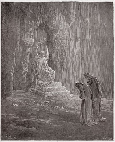 Jumalallinen komedia (La Divina Comedia, La Divine Comedie), Purgatorio, Canto 9: Dante ja Vergilius Kiirastustulin porteilla - Dante Alighieri (1265-1321) - Kuvitus Gustave Dore (1832-1883) tekijältä Gustave Dore