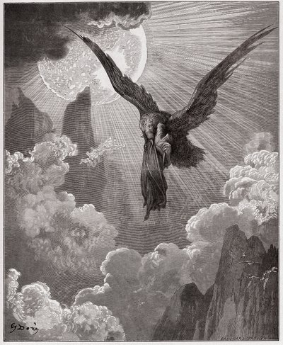 Jumalallinen komedia (La Divina Comedia, La Divine Comedie), Purgatorio, Canto 9: Dante, unessa, viedään kotkalle - Dante Alighieri (1265-1321) - Kuvitus Gustave Dore (1832-1883) tekijältä Gustave Dore