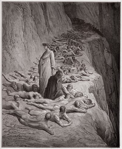 Jumalallinen komedia (La Divina Comedy, La Divine Comedie), Purgatorio, Canto 19: Ahneiden sielut: Adrian V puhuu Dantelle - Dante Alighieri (1265-1321) - Gustave Doren (1832-1883) kuvitus tekijältä Gustave Dore