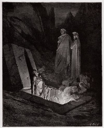 Jumalallinen komedia (La Divina Commedia, La Divine Comedie), Inferno, Canto 10: Farinata degli Uberti puhuu Dante - kirjoittanut Dante Alighieri (1265-1321) - Kuvitus Gustave Doresta (1832-1883) tekijältä Gustave Dore