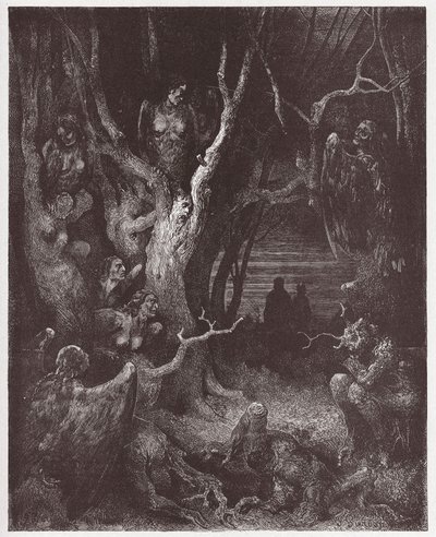 Jumalallinen komedia (La Divina Commedia, La Divine Comedie), Inferno, Canto 13: Harpiet itsemurhien metsässä - Dante Alighieri (1265-1321) - Kuvitus Gustave Dore (1832-1883) tekijältä Gustave Dore