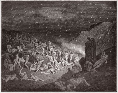 Jumalallinen komedia (La Divina Commedia, La Divine Comedie), Inferno, Canto 14: Väkivaltainen, tulisateessa kiusattu - Dante Alighieri (1265-1321) - Gustave Doren (1832-1883) kuvitus tekijältä Gustave Dore