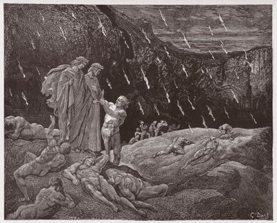 Jumalallinen komedia (La Divina Commedia, La Divine Comedie), Inferno, Canto 15: Brunetto Latini esittää Dantea - kirjoittanut Dante Alighieri (1265-1321) - kuvitus Gustave Doresta (1832-1883) tekijältä Gustave Dore