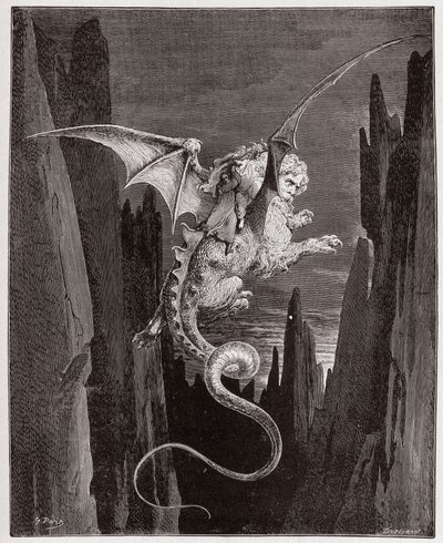 Jumalallinen komedia (La Divina Commedia, La Divine Comedie), Inferno, Canto 17: Laskeutuminen kuiluun Geryonin selässä - Dante Alighieri (1265-1321) - Kuvitus Gustave Dore (1832-1883) tekijältä Gustave Dore