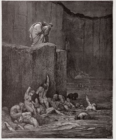 Jumalallinen komedia (La Divina Commedia, La Divine Comedie), Inferno, Canto 18: Paramours ja imartelijat kahdeksannessa ympyrässä - Dante Alighieri (1265-1321) - Kuvitus Gustave Dore (1832-1883) tekijältä Gustave Dore