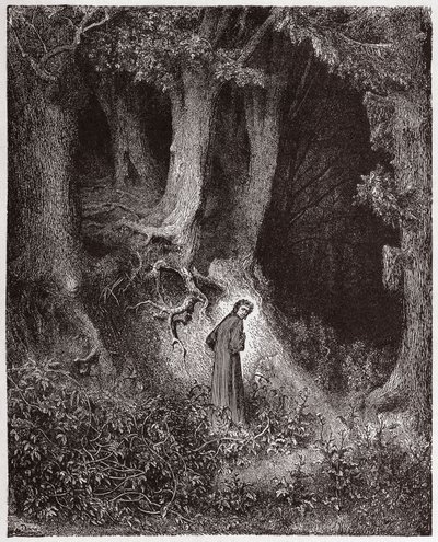 Jumalallinen komedia (La Divina Commedia, La Divine Comedie), Inferno, Canto 1: Dante metsässä - Dante Alighieri (1265-1321) - Kuvitus Gustave Doresta (1832-1883) tekijältä Gustave Dore