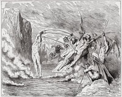 Jumalallinen komedia (La Divina Commedia, La Divine Comedie), Inferno, Canto 21: Paholaiset piinaavat barratoreita - Dante Alighieri (1265-1321) - Kuvitus Gustave Dore (1832-1883) tekijältä Gustave Dore
