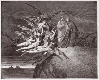 Jumalallinen komedia (La Divina Commedia, La Divine Comedie), Inferno, Canto 21: Demonit uhkaavat Vergiliusa - Dante Alighieri (1265-1321) - Gustave Doren (1832-1883) kuvitus tekijältä Gustave Dore