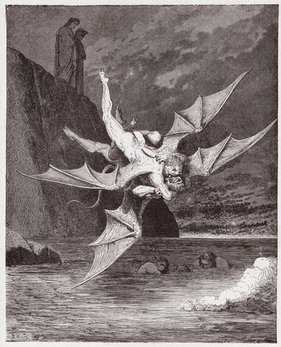 Jumalallinen komedia (La Divina Commedia, La Divine Comedie), Inferno, Canto 22: Alichino ja Calcabrina kouravat kentän yläpuolella - Dante Alighieri (1265-1321) - Kuvitus Gustave Dore (1832-1883) tekijältä Gustave Dore