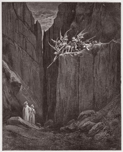 Jumalallinen komedia (La Divina Commedia, La Divine Comedie), Inferno, Canto 23: Runoilijat pakenevat viidennen bolgian demoneja - Dante Alighieri (1265-1321) - Gustave Doren (1832-1883) kuvitus tekijältä Gustave Dore