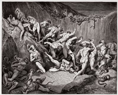 Jumalallinen komedia (La Divina Commedia, La Divine Comedie), Inferno, Canto 24: Käärmeiden kiusamat varkaat - Dante Alighieri (1265-1321) - Gustave Doren (1832-1883) kuvitus tekijältä Gustave Dore