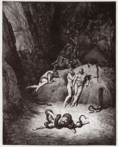 Jumalallinen komedia (La Divina Commedia, La Divine Comedie), Inferno, Canto 25: Agnello muuttumassa käärmeeksi - Dante Alighieri (1265-1321) - Kuvitus Gustave Dore (1832-1883) tekijältä Gustave Dore