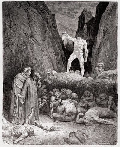 Jumalallinen komedia (La Divina Commedia, La Divine Comedie), Inferno, Canto 28: Bertrand de Bornin leikattu pää puhuu Dantelle - kirjoittanut Dante Alighieri (1265-1321) - kuvitus Gustave Doresta (1832-1883) tekijältä Gustave Dore