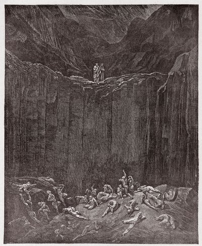 Jumalallinen komedia (La Divina Commedia, La Divine Comedie), Inferno, Canto 29: Laaksossa kiusatut väärentäjät - Dante Alighieri (1265-1321) - Gustave Doren (1832-1883) kuvitus tekijältä Gustave Dore