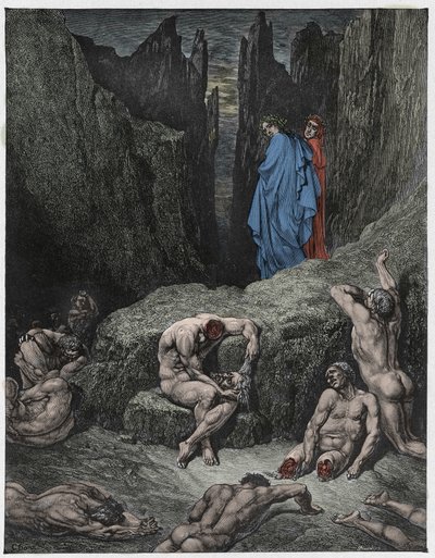 Jumalallinen komedia (La Divina Commedia, La Divine Comedie), Inferno, Canto 29: Vergilius nuhtelee Danten uteliaisuutta - Dante Alighieri (1265-1321) - Kuvitus Gustave Doresta (1832-1883) tekijältä Gustave Dore