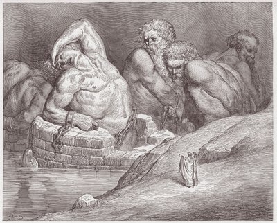 Jumalallinen komedia (La Divina Commedia, La Divine Comedie), Inferno, Canto 31: Ephialtes viihreissä jättiläisten keskuudessa - Dante Alighieri (1265-1321) - Kuvitus Gustave Dore (1832-1883) tekijältä Gustave Dore