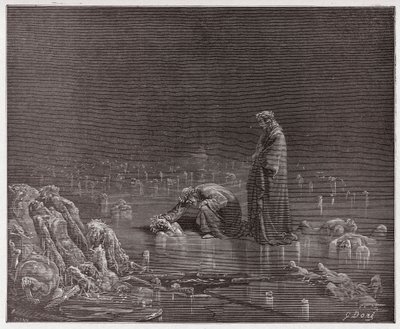 Jumalallinen komedia (La Divina Commedia, La Divine Comedie), Inferno, Canto 32: Dante puhuu petturi Bocca degli Abatia - kirjoittanut Dante Alighieri (1265-1321) - Kuvitus Gustave Doresta (1832-1883) tekijältä Gustave Dore