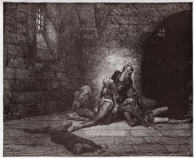 Jumalallinen komedia (La Divina Commedia, La Divine Comedie), Inferno, Canto 33: Gaddo kuolee isänsä silmien edessä - Dante Alighieri (1265-1321) - Gustave Doren (1832-1883) kuvitus tekijältä Gustave Dore