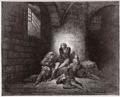 Jumalallinen komedia (La Divina Commedia, La Divine Comedie), Inferno, Canto 33: Ugolino ja hänen poikansa turvotuina ja nälkään - Dante Alighieri (1265-1321) - Kuvitus Gustave Dore (1832-1883) tekijältä Gustave Dore