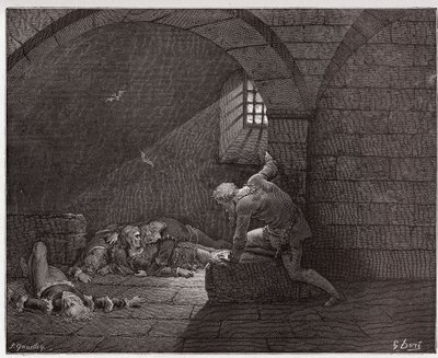 Jumalallinen komedia (La Divina Commedia, La Divine Comedie), Inferno, Canto 33: Ugolino sellissä neljän kuolleen poikansa kanssa - Dante Alighieri (1265-1321) - Kuvitus Gustave Dore (1832-1883) tekijältä Gustave Dore