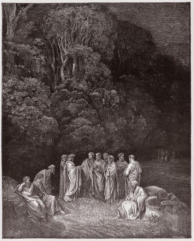 Jumalallinen komedia (La Divina Commedia, La Divine Comedie), Inferno, Canto 4: Homeros, runoilijat ja sankarit Limbossa - Dante Alighieri (1265-1321) - Gustave Doren (1832-1883) kuvitus tekijältä Gustave Dore