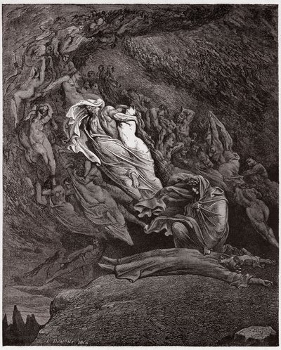 Jumalallinen komedia (La Divina Commedia, La Divine Comedie), Inferno, Canto 5: Francesca kuvaa kuolemaansa - kirjoittanut Dante Alighieri (1265-1321) - kuvitus Gustave Doresta (1832-1883) tekijältä Gustave Dore