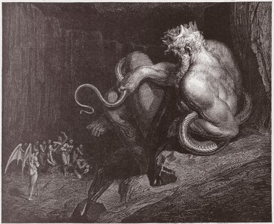 Jumalallinen komedia (La Divina Commedia, La Divine Comedie), Inferno, Canto 5: Minos tuomitsee rikkomukset ja lähettää sielut - Dante Alighieri (1265-1321) - Kuvitus Gustave Dore (1832-1883) tekijältä Gustave Dore