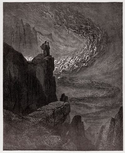 Jumalallinen komedia (La Divina Commedia, La Divine Comedie), Inferno, Canto 5: Minos tuomitsee rikkomukset ja lähettää sielut - Dante Alighieri (1265-1321) - Kuvitus Gustave Dore (1832-1883) tekijältä Gustave Dore