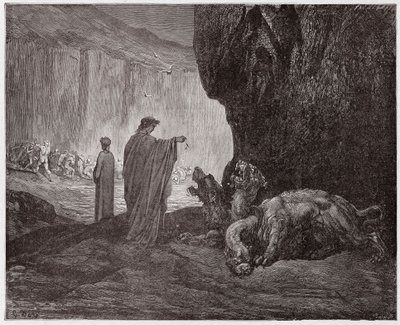 Jumalallinen komedia (La Divina Commedia, La Divine Comedie), Inferno, Canto 6: Vergilius ruokkii Cerberusta kolmannessa ympyrässä - Dante Alighieri (1265-1321) - Gustave Doren (1832-1883) kuvitus tekijältä Gustave Dore