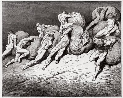 Jumalallinen komedia (La Divina Commedia, La Divine Comedie), Inferno, Canto 7: Ahneiden ja tuhlaajapojan sielut, jotka pakotettiin vierimään raskaita kiviä - Dante Alighieri (1265-1321) - Kuvitus Gustave Dore (1832-1883) tekijältä Gustave Dore